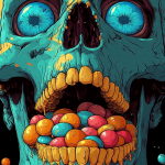 1-horror logo, a skull with piercing blue eyes with a mouth full of candy, colored line art, --ar 9:16 --stylize 750 --v 6.1