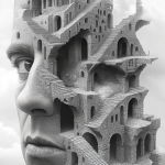 An Escher-like transformation of a face: The scene shows a human face transforming into a mosaic of stairs, arches, and impossible structures. Each part of the face--like the cheekbones, jawline, and forehead--forms part of an endless loop of impossible architecture. Shadows and lines give depth, making the face both realistic and abstract, with the illusion of infinite depth within the eyes, black background. --chaos 25 --ar 2:3 --style raw --stylize 750 --v 6.1